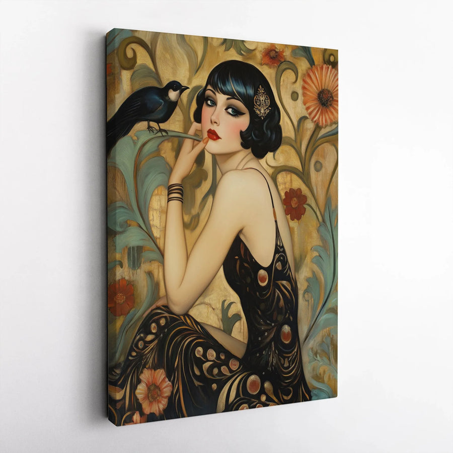 Art Deco Woman Canvas Print | Vintage 1920s Flapper Girl with Bird | Premium Gallery Wrapped Canvas | Roaring Twenties Home Decor Collector's Gift