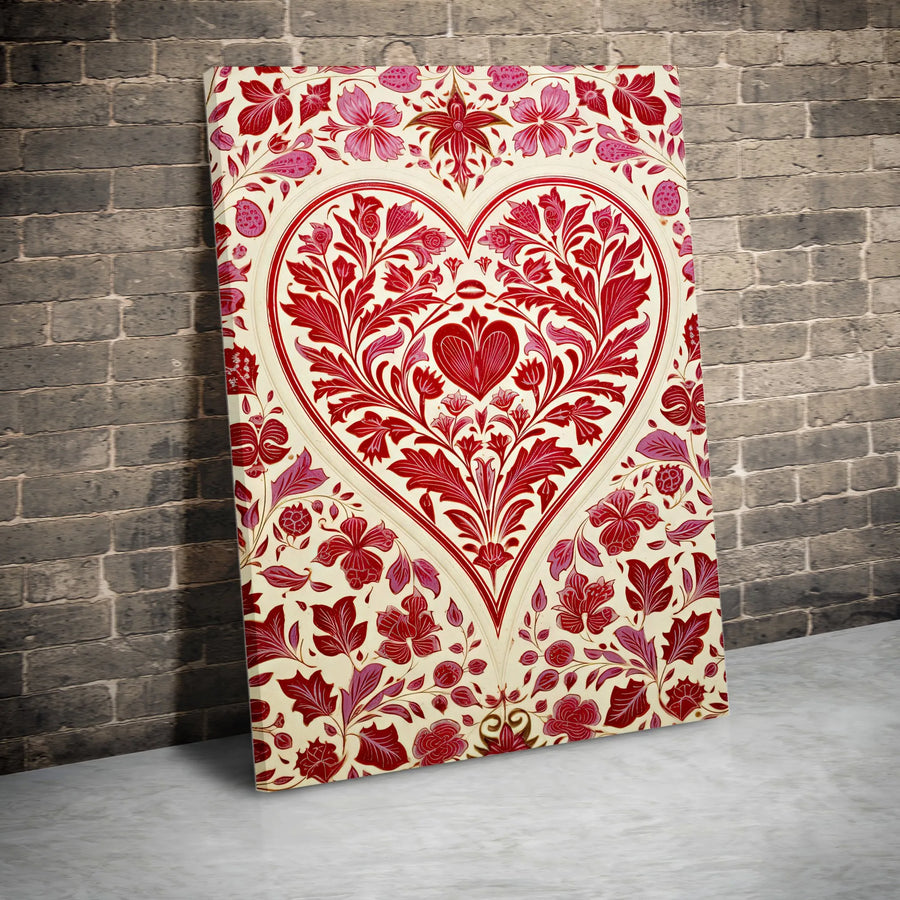 Victorian Floral Heart Canvas Print | Ornate Botanical Red And Pink Wall Art | Premium Gallery-Wrapped Decor | Romantic Anniversary Gift for Her