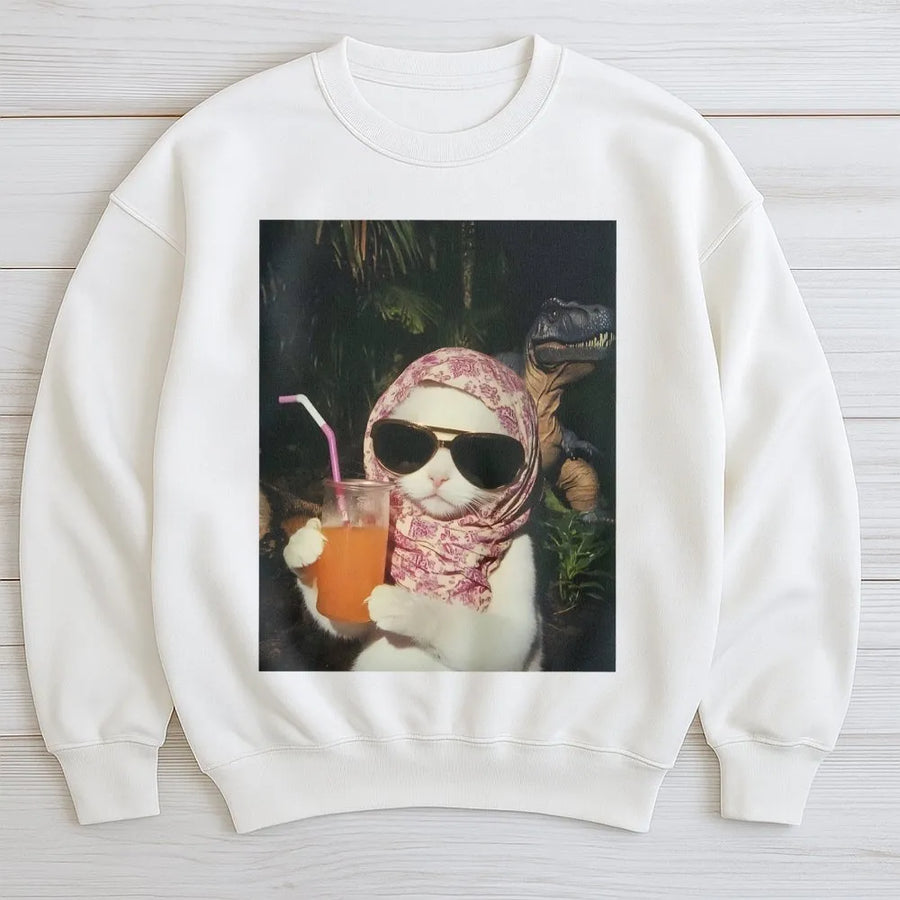 Chill Girl Cat Sweatshirt | Funny Dinosaur Meme Graphic Print | Premium Unisex Crewneck | Trendy Gift For Cat Lovers