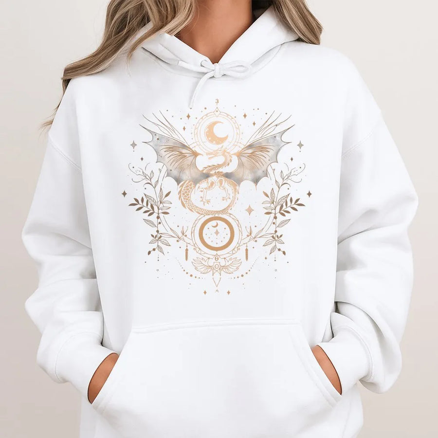 Celestial Dragon Hoodie | Witchy Boho Dragon Wings & Floral Moon Phase Graphic | Soft Breathable Cotton | Gift for Witches & Goth Style Fans