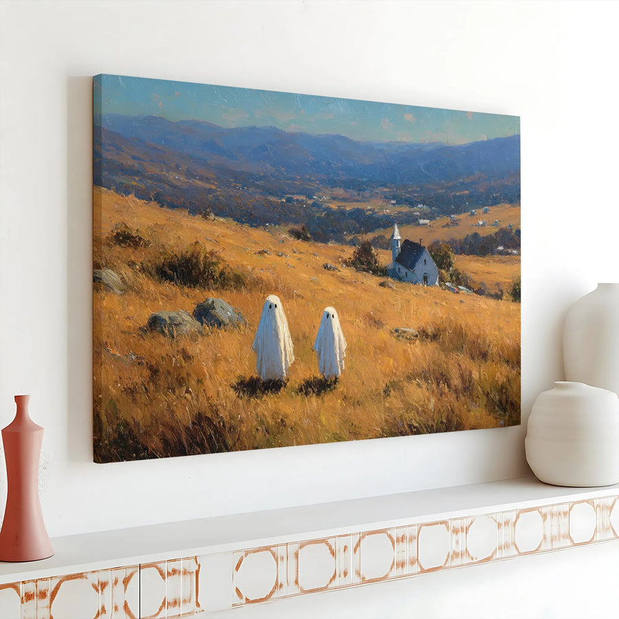 Ghost Canvas Wall Art | Whimsical Spooky Meadow Landscape | Premium Gallery Wrap Print | Halloween Home Decor for Gothic Lovers