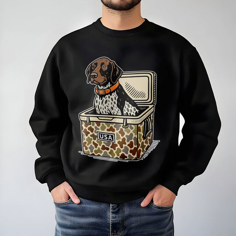 German Shorthaired Pointer Sweatshirt | Camo Cooler USA Hunting Dog Graphic | Premium Cotton Blend | Gift for GSP Dog Owners & Outdoor Lovers