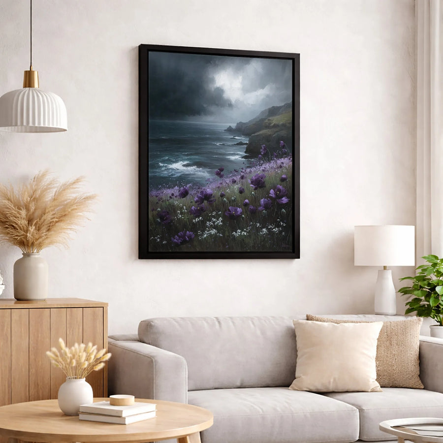 Stormy Seascape Wall Art | Moody Ocean Cliff with Purple Poppies | Premium Gallery Wrapped Canvas | Atmospheric Home Office Decor Gift