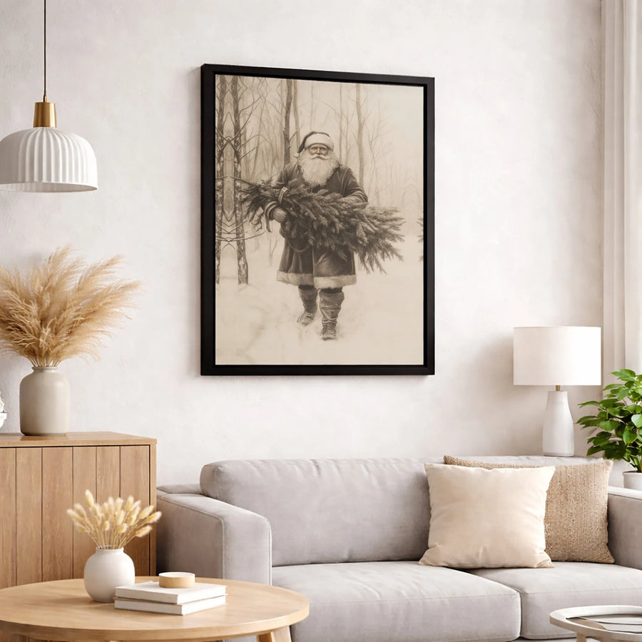 Vintage Santa Claus Wall Art | Sketch Style Carrying Christmas Tree | Premium 1.25-Inch Canvas Print | Rustic Holiday Home Decor Gift