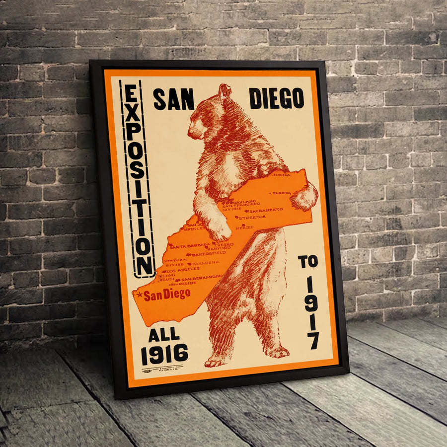 San Diego Exposition 1916 Poster Art | Vintage California Bear Map Print | Premium Gallery Wrapped Canvas | Historical Home Office Decor Gift