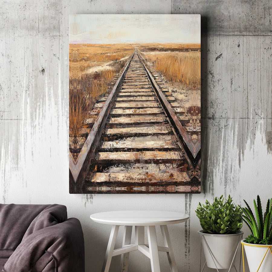 Railroad Tracks Canvas Print | Impressionist Train Station Landscape | 1.25 Inch Premium Gallery Wrap | Industrial Home Decor Wall Art