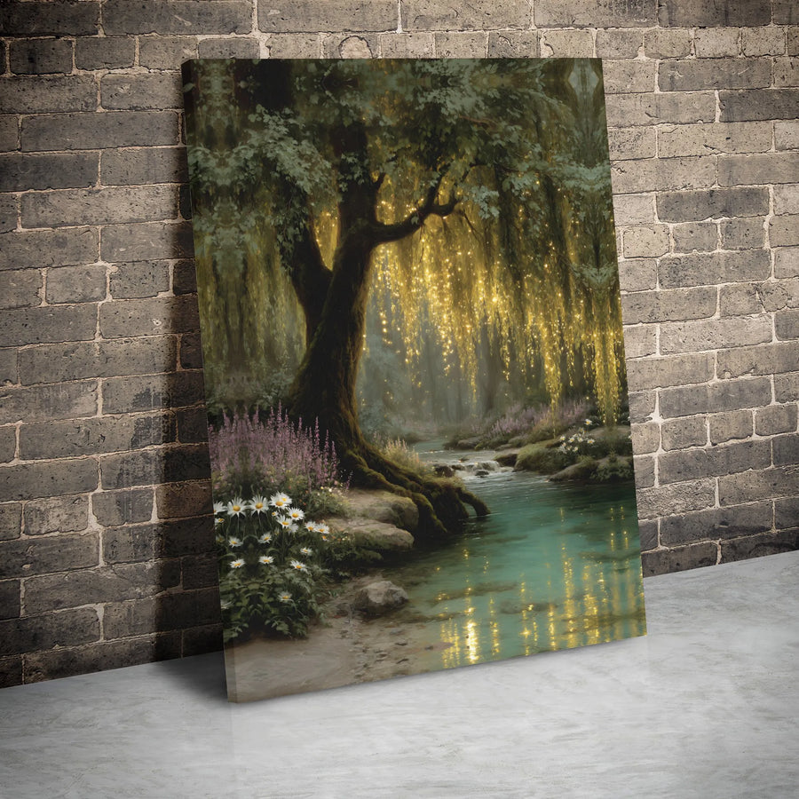 Enchanted Willow Tree Canvas Wall Art | Golden Fairy Lights River Scene | Premium Gallery Wrap Decor | Magical Nature Landscape Gift
