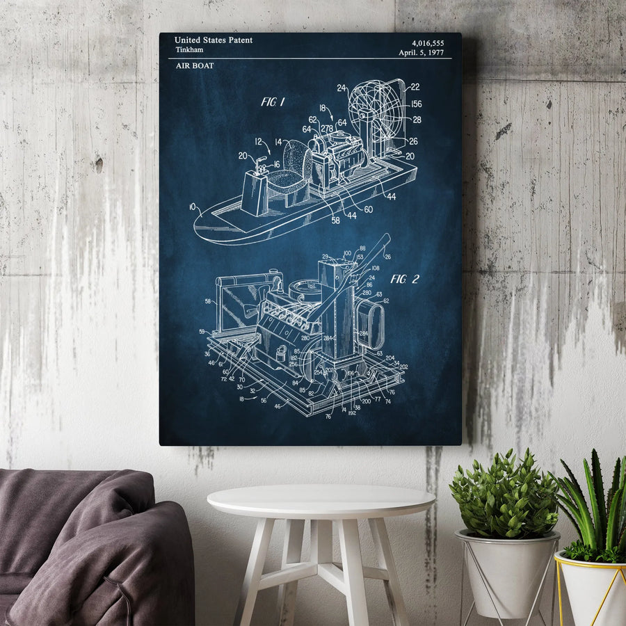 Air Boat Patent Print | Vintage Technical Engineering Drawing | Premium Gallery Wrapped Canvas | Office Decor Gift For Boat Enthusiast