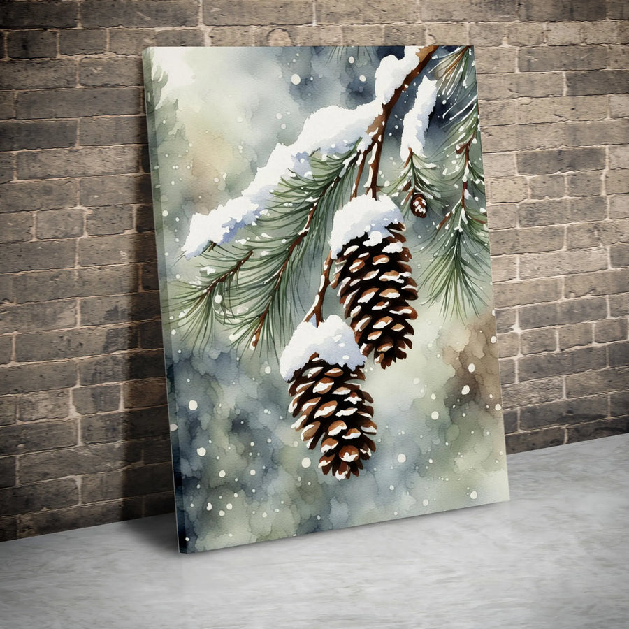 Snowy Pine Cones Canvas Print | Winter Watercolor Forest Art | Premium Fade-Resistant Gallery Wrap | Seasonal Christmas Home Decor Gift