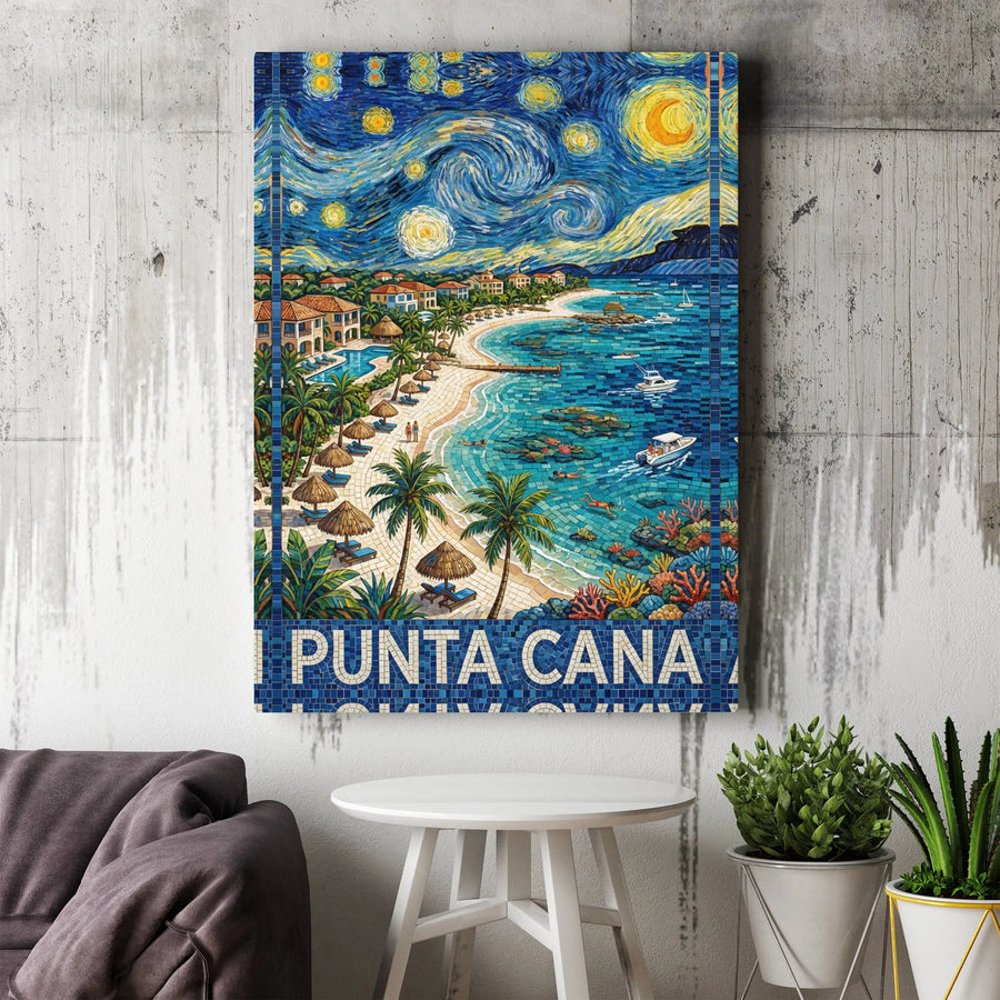 Punta Cana Canvas Wall Art | Starry Night Style Mosaic Art | Premium Canvas Print | Tropical Home Decor Souvenir Gift