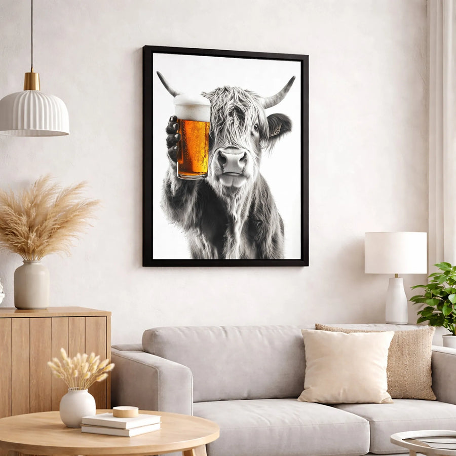 Highland Cow Beer Canvas Wall Art | Funny Farmhouse Kitchen Decor | Premium 1.25 Inch Gallery Wrap | Gift for Beer Lovers & Bar Room Decor