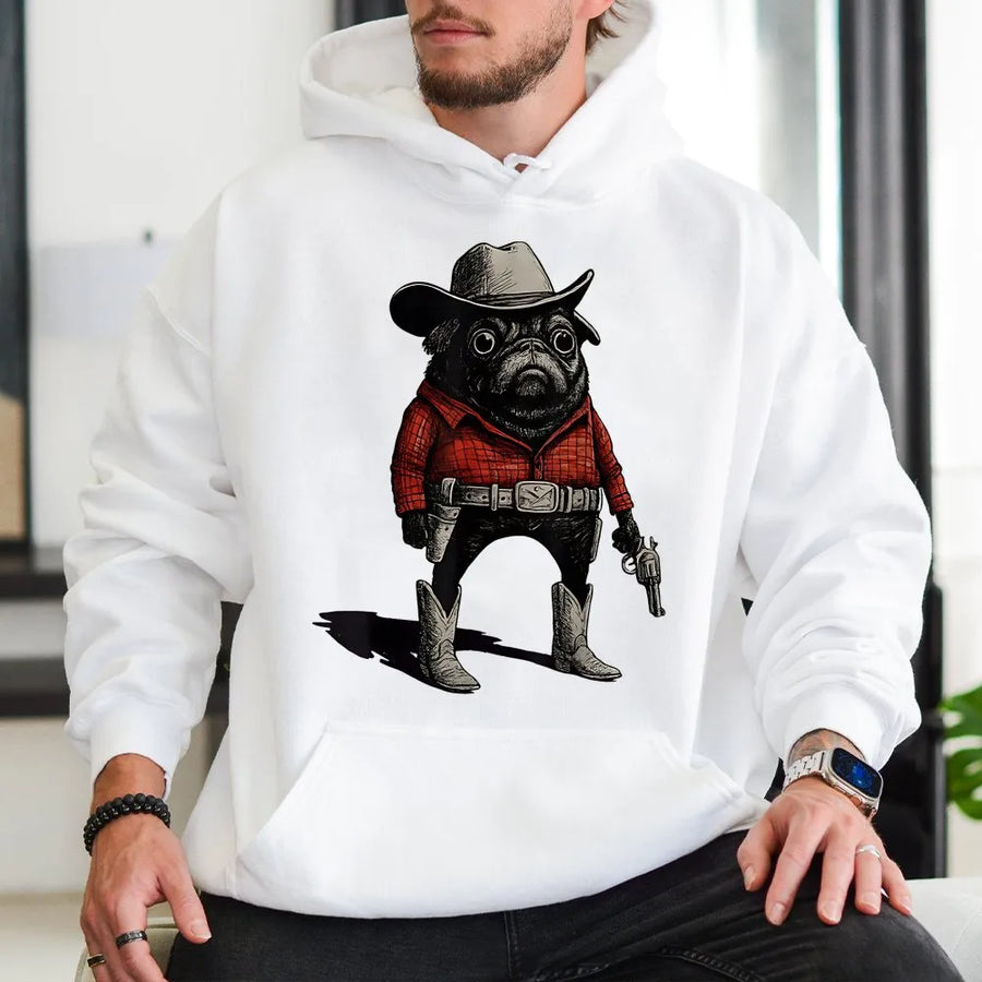 Cowboy Pug Hoodie | Funny Western Dog Graphic Sweatshirt | Premium Cotton-Poly Blend | Cute Animal Meme Gift for Dog Lovers