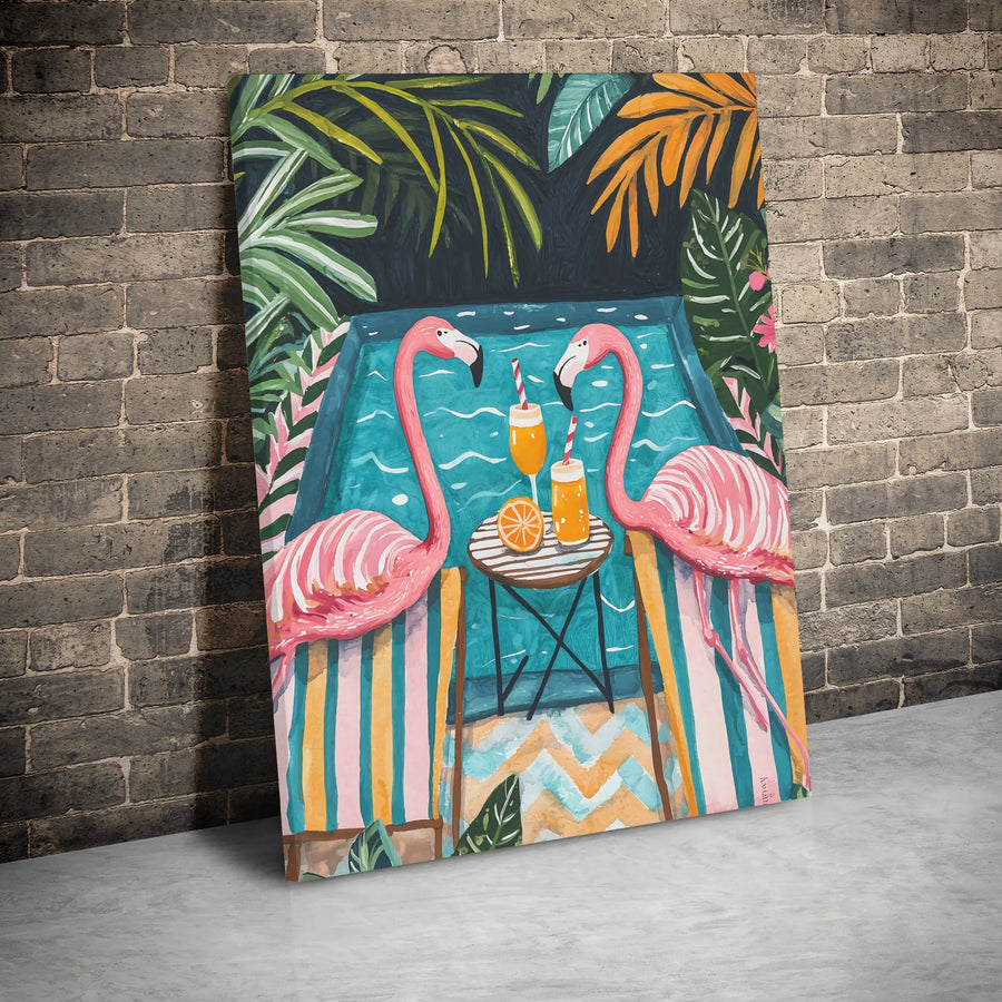 Pink Flamingo Wall Art | Tropical Poolside Cocktail Canvas | 1.25 Inch Gallery Wrap | Vibrant Summer Home Decor For Living Room