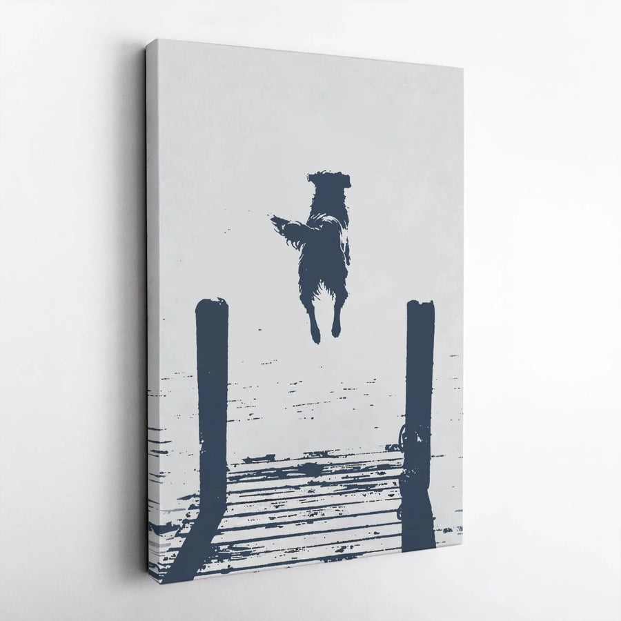 Dog Jumping Into Water Canvas Art | Minimalist Stencil Dock Illustration | Premium Fade-Resistant Print | Modern Pet Lover Home Decor Gift