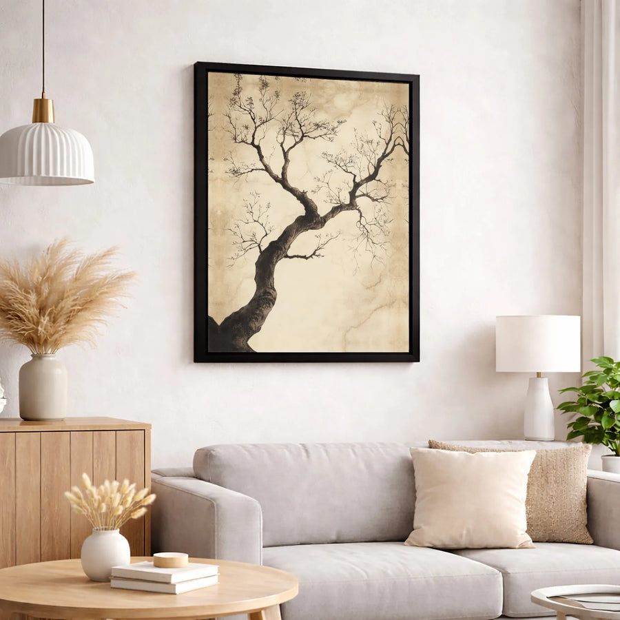 Gnarled Bare Tree Canvas Wall Art | Vintage Sepia Botanical Drawing | Premium 1.25" Framed Gallery Print | Nature-Inspired Home Office Decor