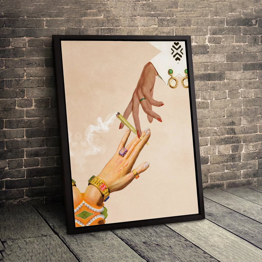 Jeweled Hands Passing Joint Canvas Art | Surreal Smoking Aesthetic Print | Premium Gallery Wrapped Wall Decor | Unique Stoner Gift For Home