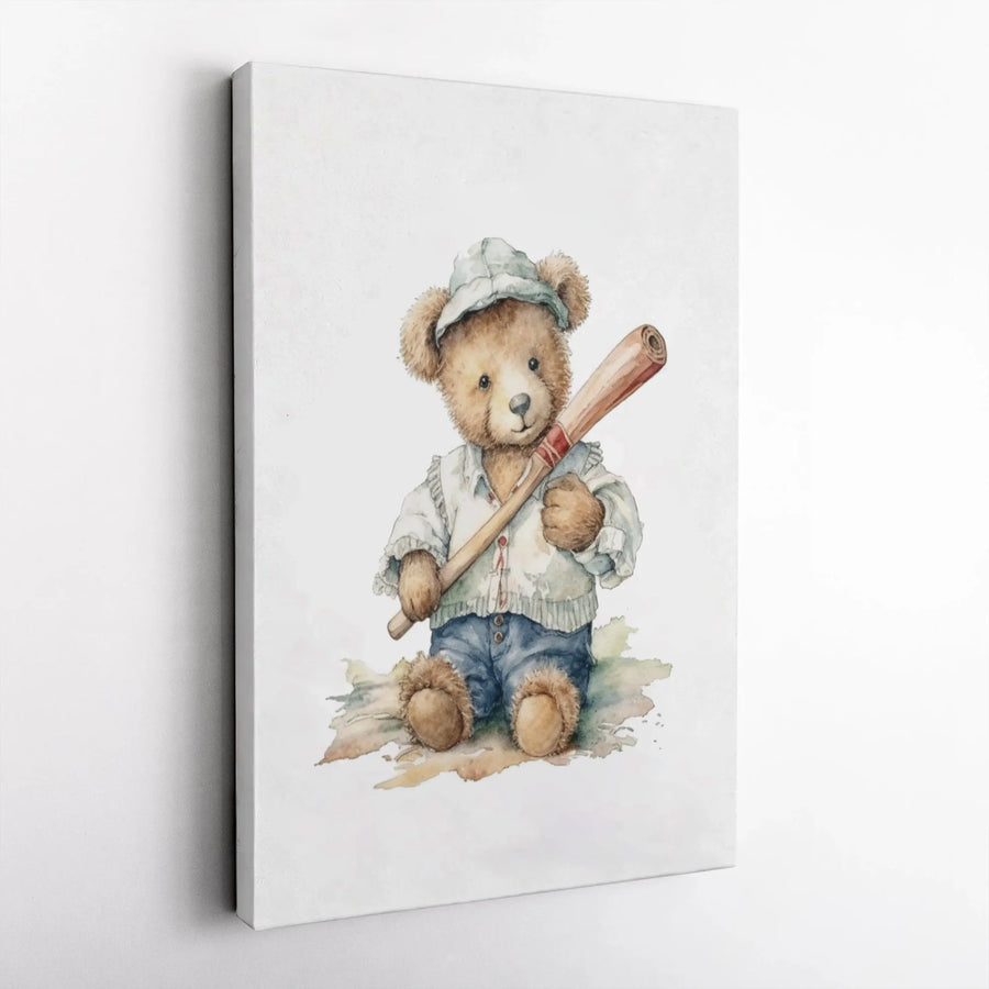Baseball Teddy Bear Canvas Wall Art | Watercolor Nursery Sport Print | Gallery Wrap Premium Decor | Gift for Baseball Lover Boy