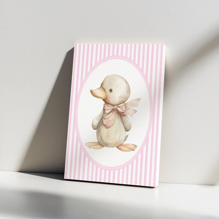 Baby Duck Wall Art | Watercolor Nursery Decor with Pink Bow | Premium Gallery Wrapped Canvas | Charming Gift for Baby Girl Room