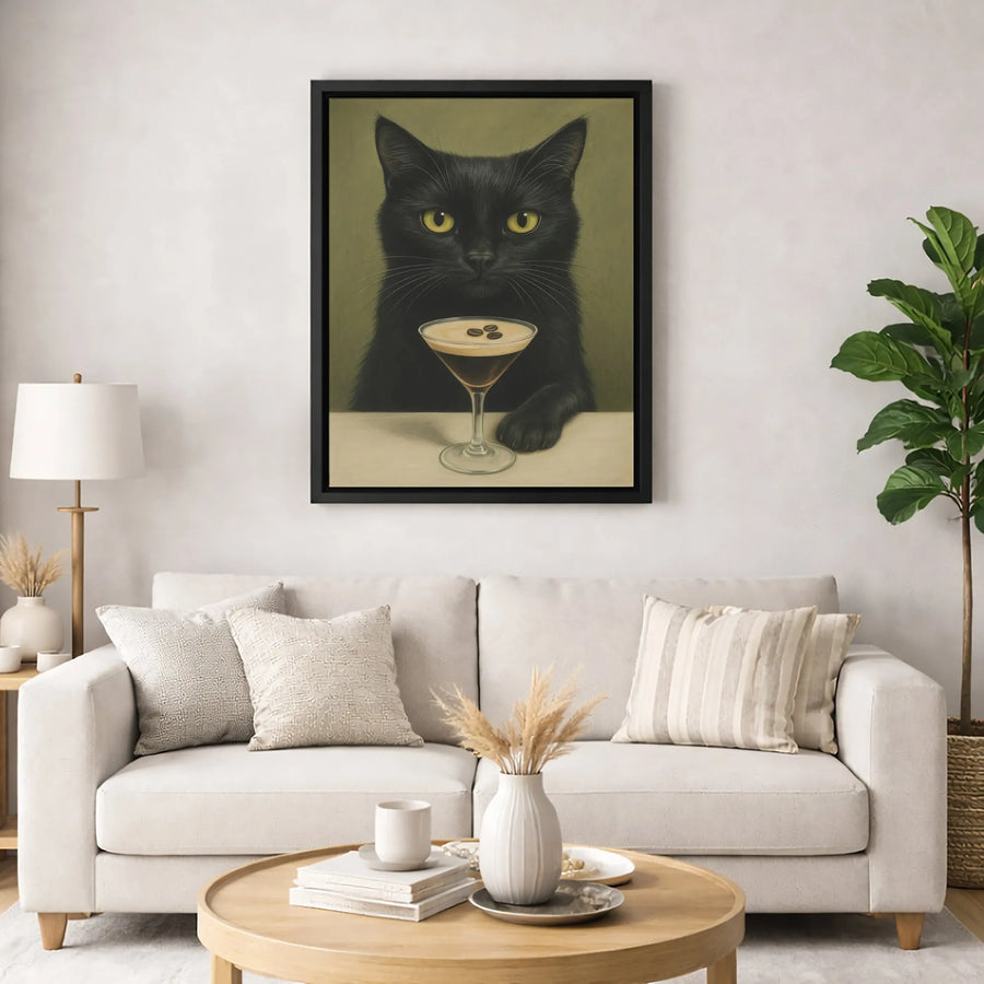Black Cat Espresso Martini Wall Art | Whimsical Kitchen Wall Decor | Premium 1.25-Inch Gallery Wrapped Canvas | Coffee Lover Gift Idea