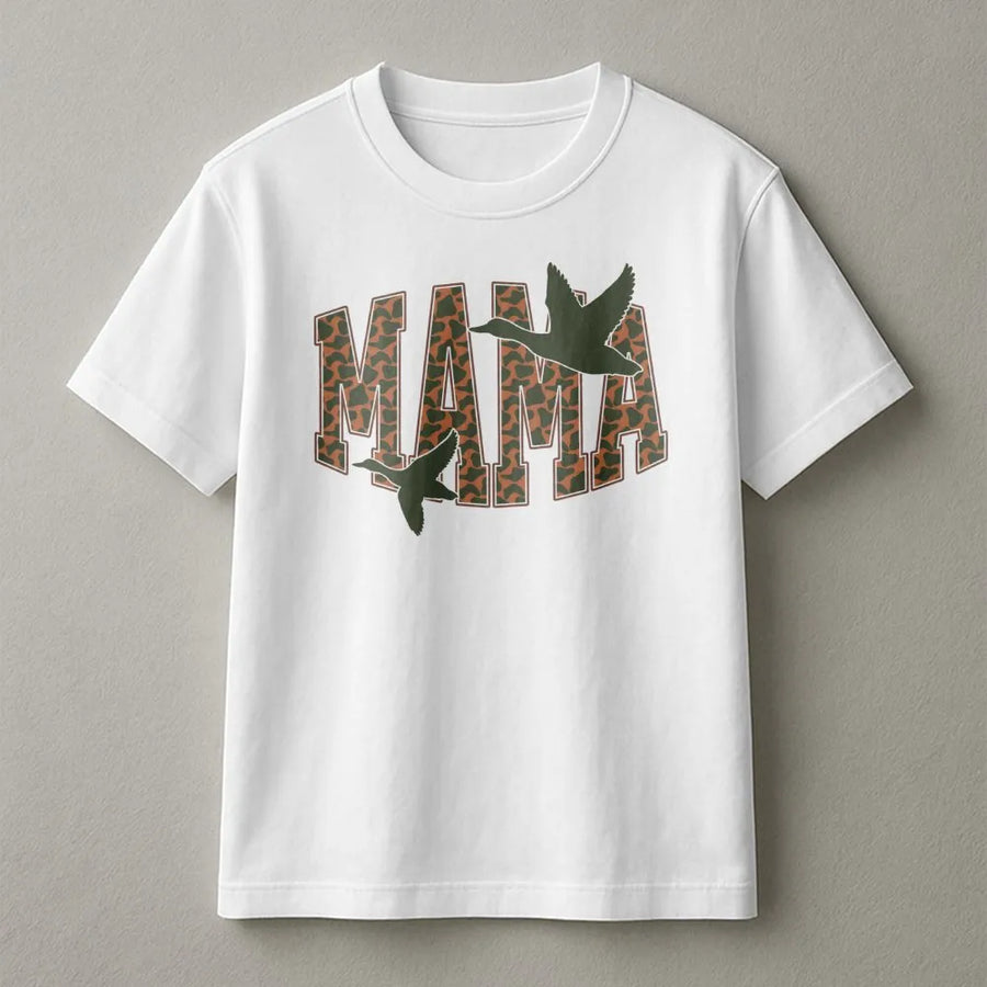 Camo Mama Duck Hunting T-Shirt | Distressed Varsity Font with Flying Mallards | Soft Premium Cotton Tee | Country Style Gift for Outdoorsy Moms