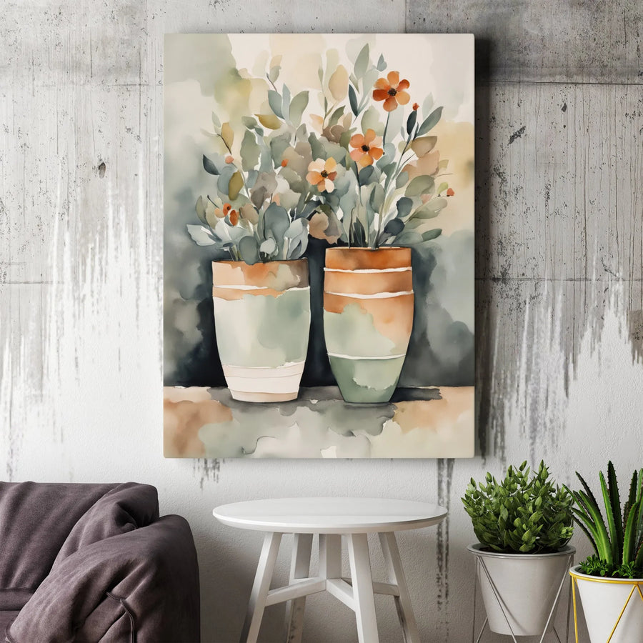 Watercolor Flower Pots Canvas Wall Art | Botanical Orange Floral Print | Premium Gallery Wrapped Decor | Modern Minimalist Living Room Gift