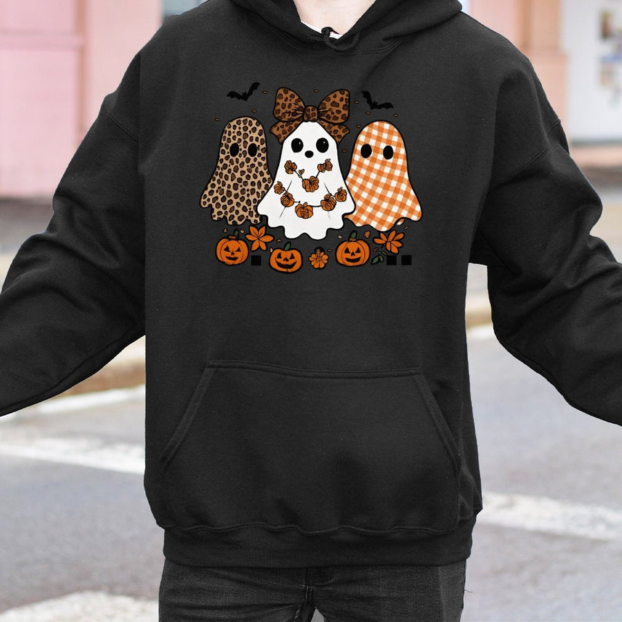 Cute Ghost Halloween Hoodie | Leopard and Plaid Ghost Graphic | Soft Cotton-Polyester Blend | Spooky Season Gift for Women and Teens