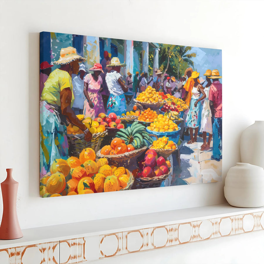 Caribbean Fruit Market Canvas Print | Vibrant Impressionist Tropical Scene | 1.25" Gallery Wrap Premium Art | Authentic Home Decor Gift