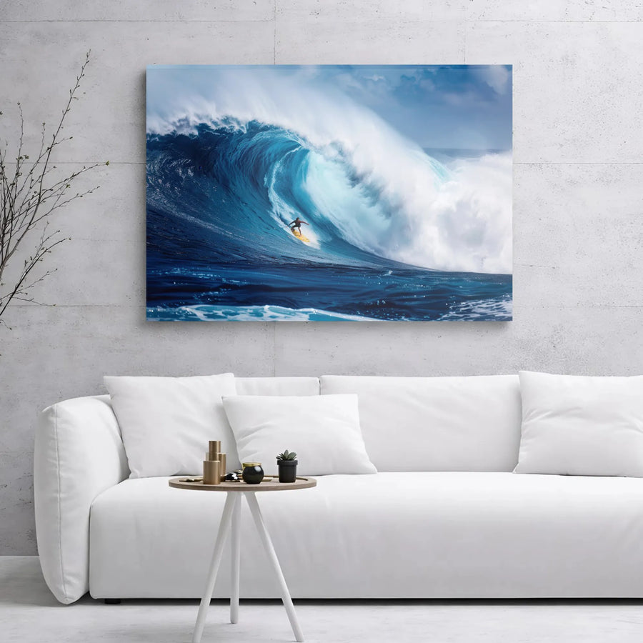 Surfing Ocean Wave Canvas Wall Art | Dramatic Blue Sea Surfer Print | Premium Gallery Wrapped Decor | Coastal Beach House Gift for Ocean Lovers