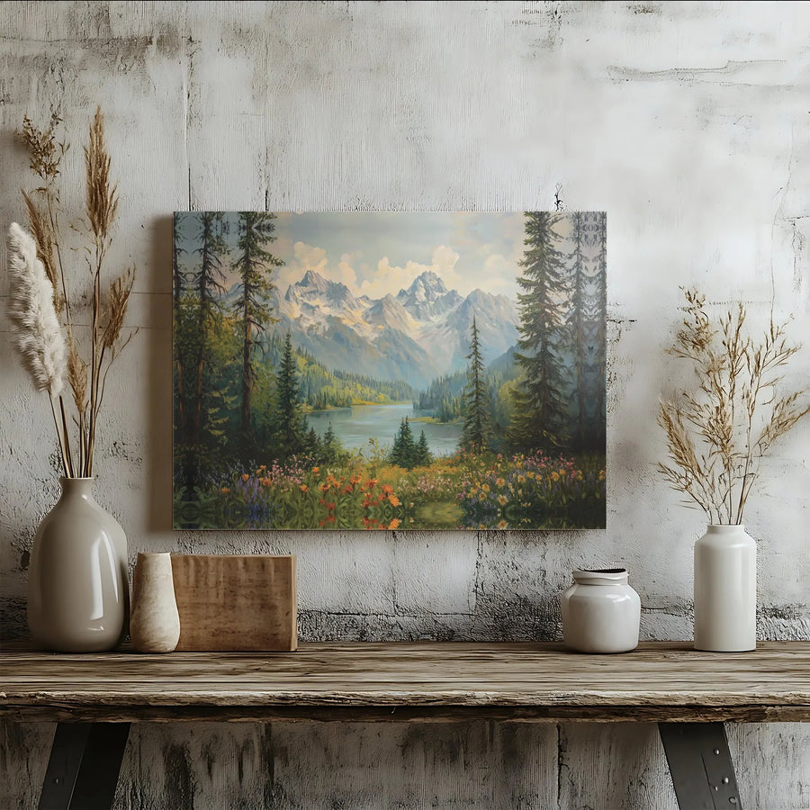Mountain Lake Landscape Canvas | Wildflower Meadow Pine Forest Art | Premium Gallery Wrap Print | Nature Wall Decor Gift for Nature Lovers