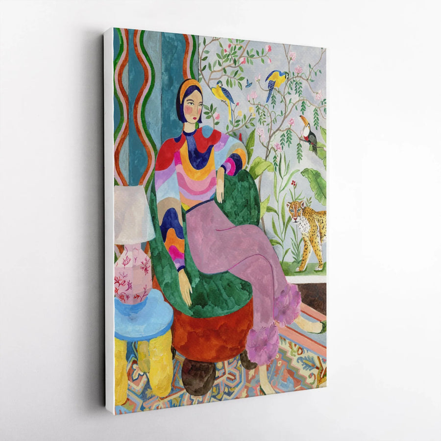 Eclectic Woman Portrait Vertical Canvas | Vibrant Maximalist Decor with Leopard & Birds | Premium Thick Gallery Canvas | Collector's Gift for Art Lover
