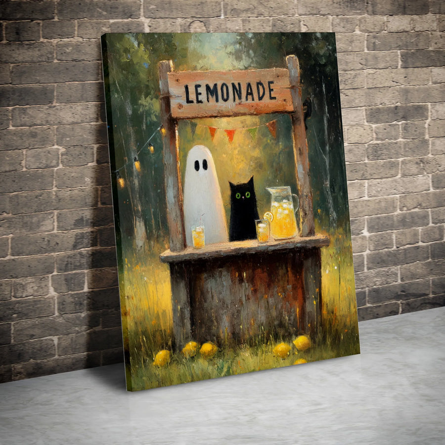 Cute Ghost Black Cat Lemonade Stand Vertical Canvas | Whimsical Spooky Autumn Painting | 1.25” Premium Gallery Wrap | Cozy Fall Halloween Wall Art Decor Gift