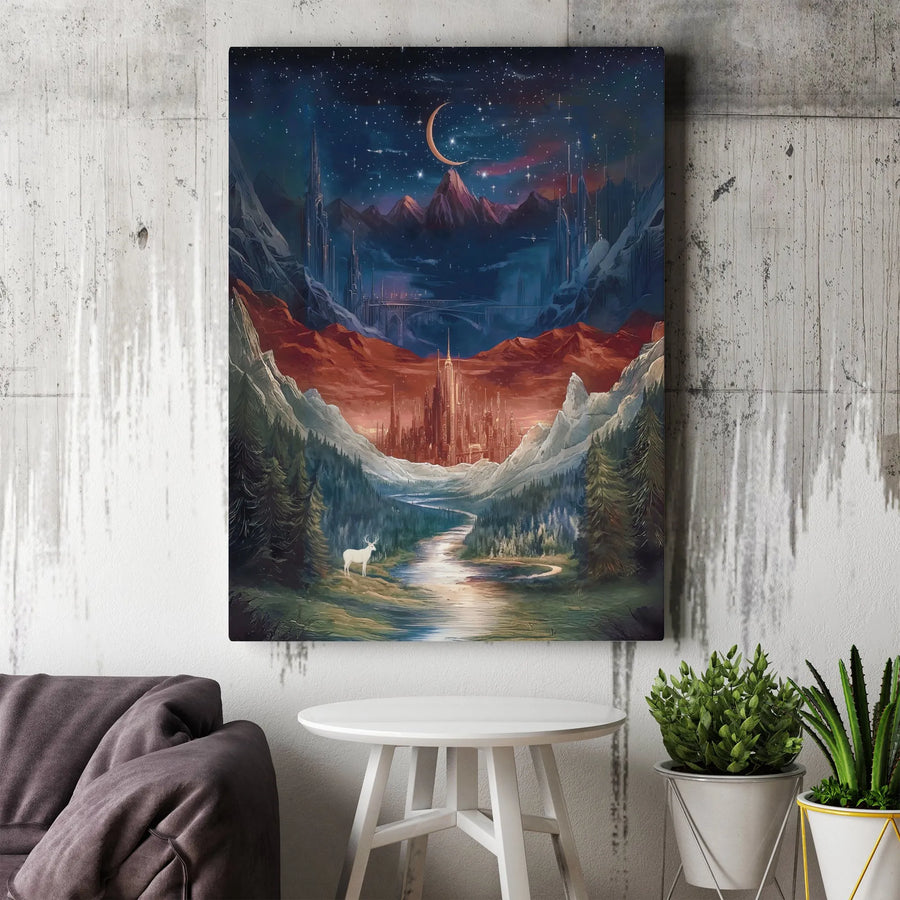 Fantasy Landscape Wall Art | White Stag Mountain Valley Castle Print | Premium 1.25-Inch Gallery Canvas | Enchanted Home Decor Gift