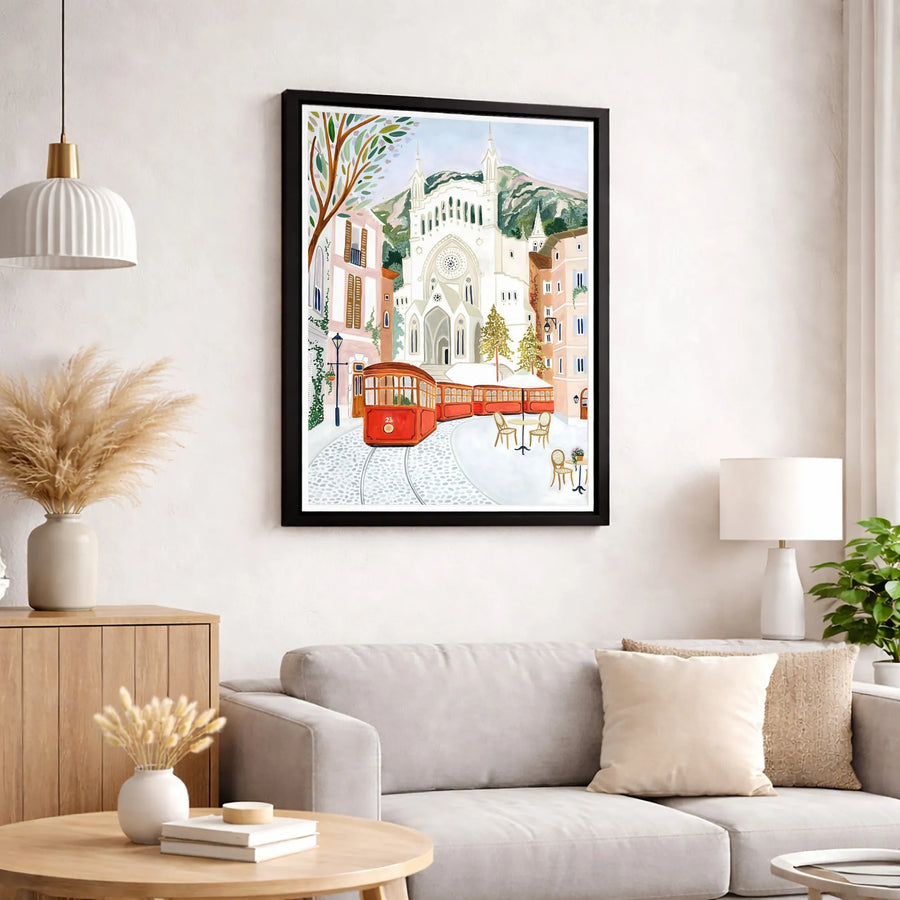 European Cityscape Wall Art | Vintage Red Tram And Cathedral Scene | Gallery Wrap Premium Canvas | Travel Lover Home Decor Gift