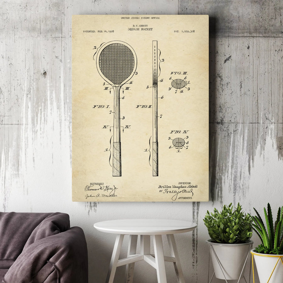 Squash Racket Patent Print | Vintage 1928 Sport Engineering Art | Premium Gallery-Wrapped Canvas | Unique Gift for Squash Players & Coach