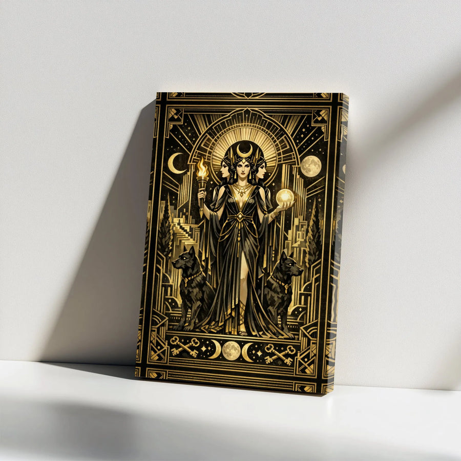 Hecate Canvas Wall Art | Art Deco Triple Goddess Illustration | Premium Gallery Wrapped Canvas | Pagan Home Decor Collector's Gift
