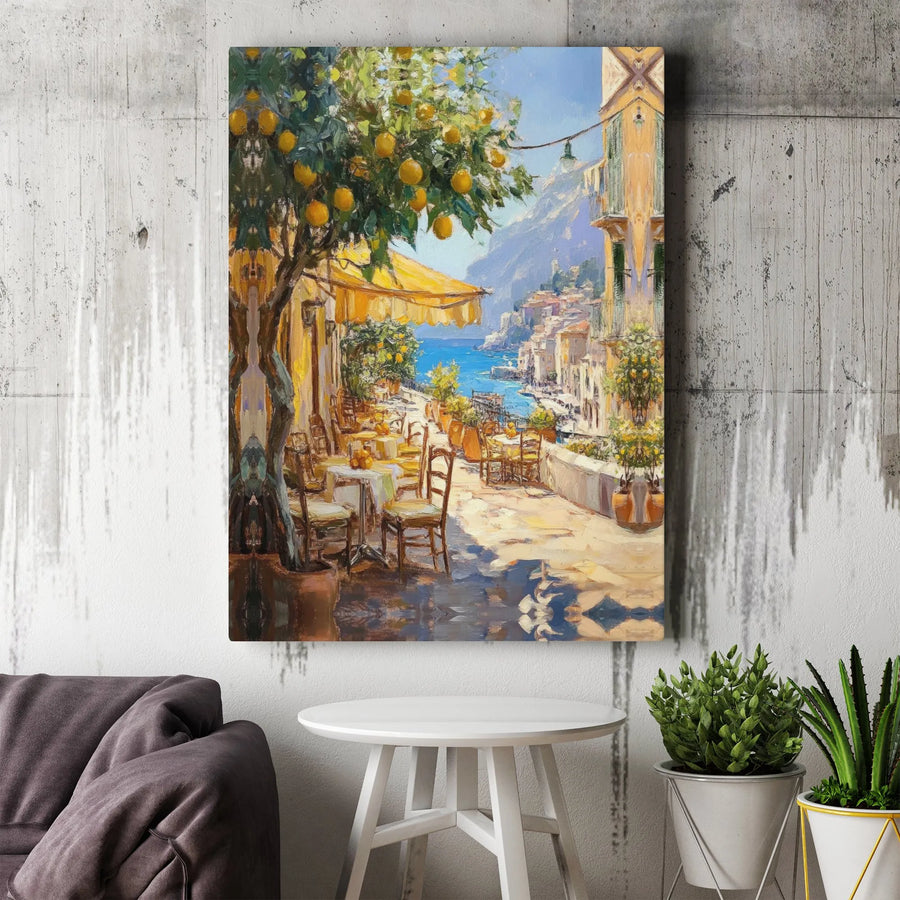 Italian Coastal Cafe Canvas Art | Amalfi Coast Lemon Tree Oil Painting Style | Premium 1.25-Inch Gallery Wrap | Mediterranean Home Decor Gift
