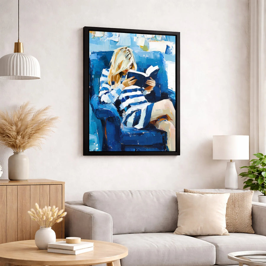 Woman Reading Painting | Impressionist Blue Armchair Wall Art | Gallery Quality 1.25 Inch Canvas | Premium Home Decor Gift for Book Lovers