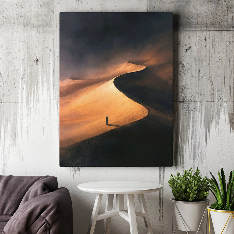 Desert Landscape Wall Art | Solitary Figure on Golden Sand Dunes | Premium Gallery Wrap Canvas | Modern Minimalist Home Office Decor