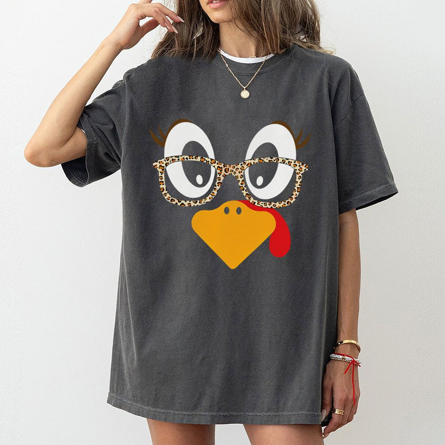 Thanksgiving Turkey T-Shirt | Funny Leopard Print Glasses Design | Premium 100% Cotton | Cute Fall Holiday Outfit for Women & Kids