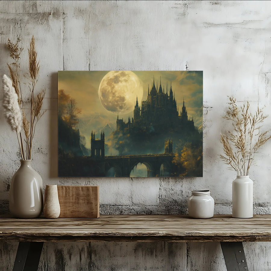 Gothic Castle Canvas Wall Art | Full Moon Over Fantasy Kingdom | Premium Fade-Resistant Print | Gift for Dark Academia & Fantasy Fans