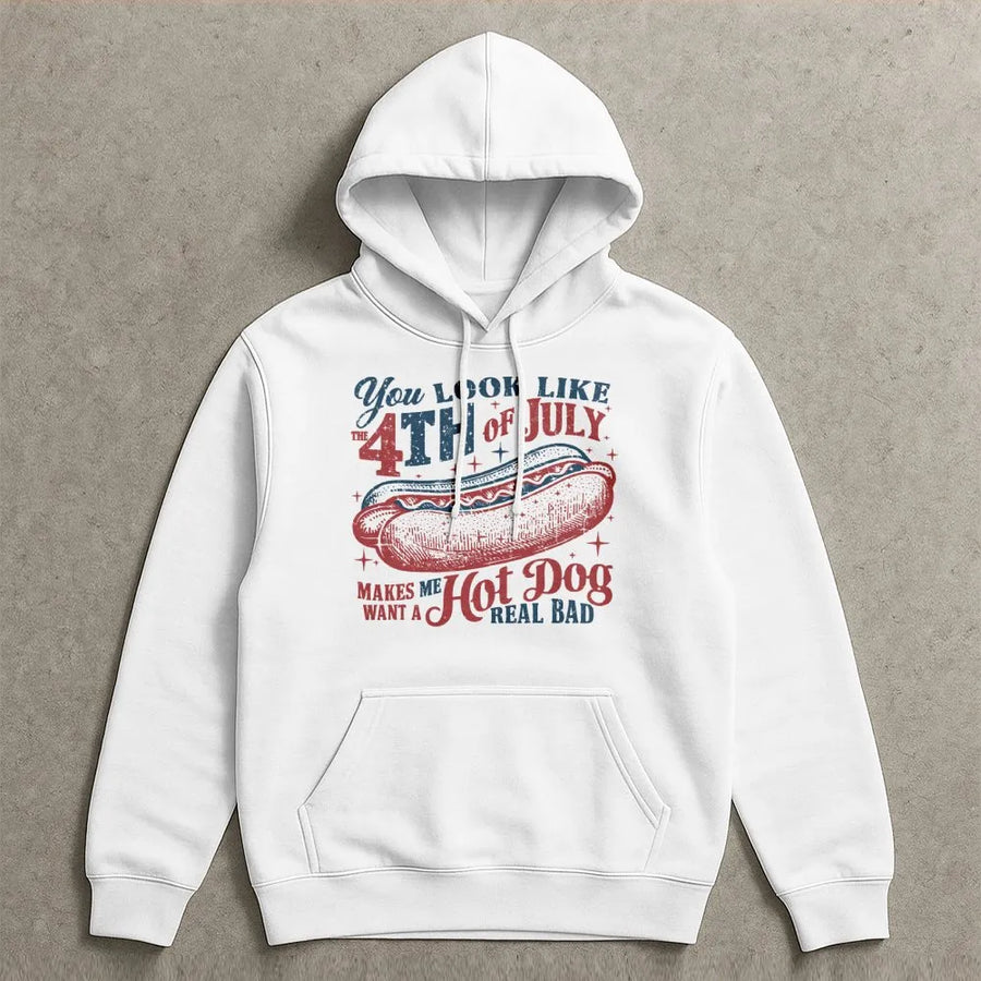 4th of July Hoodie | Funny Hot Dog Lover Graphic | Premium Cotton Blend | Independence Day Gift for Men and Women