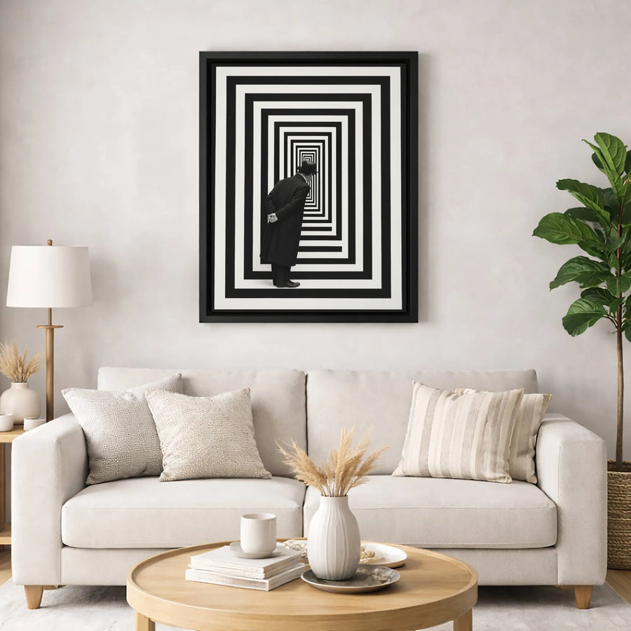 Optical Illusion Canvas Art | Man in Fedora Surreal Tunnel | Gallery Wrap Premium Wall Decor | Modern Minimalist Office Living Room Statement Piece