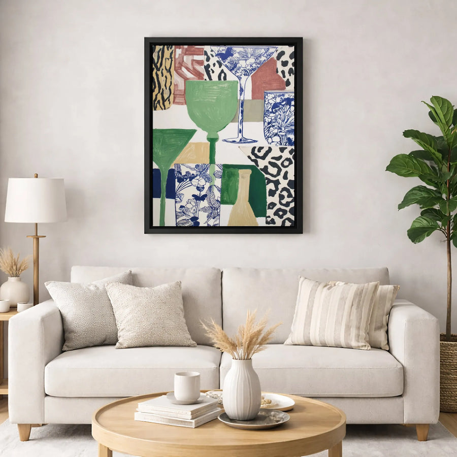 Abstract Cocktail Wall Art | Leopard Print & Floral Martini Glasses | Gallery Quality 1.25" Canvas | Modern Bar Decor Gift for Home