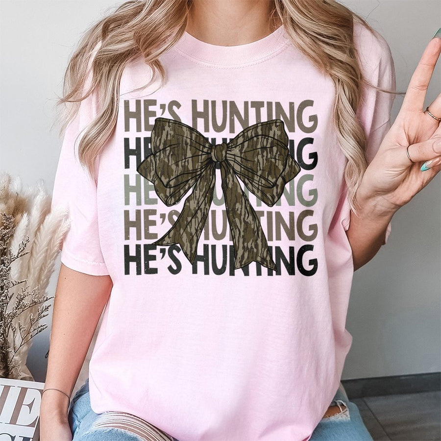 He's Hunting Camo Bow T-Shirt | Coquette Aesthetic Hunting Season Tee | Premium Soft Cotton | Funny Country Girl Gift For Her