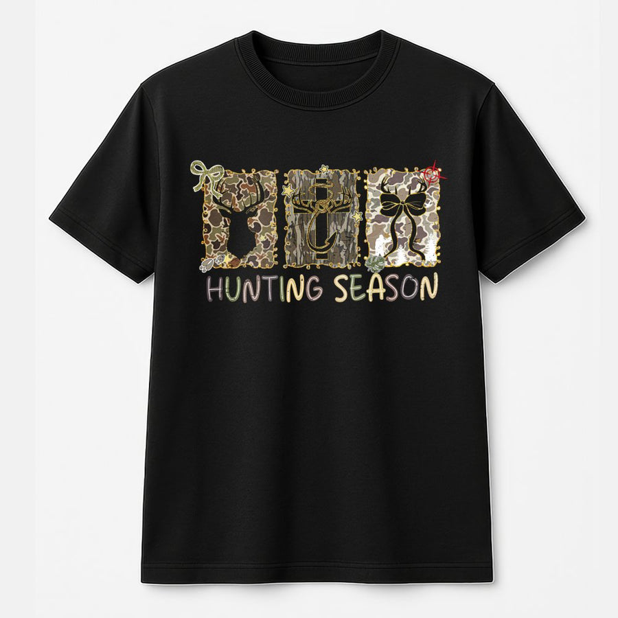Hunting Season T-Shirt | Camo Deer Cross Graphic | Premium 100% Cotton Tee | Rustic Fall Outdoor Gift for Women and Men