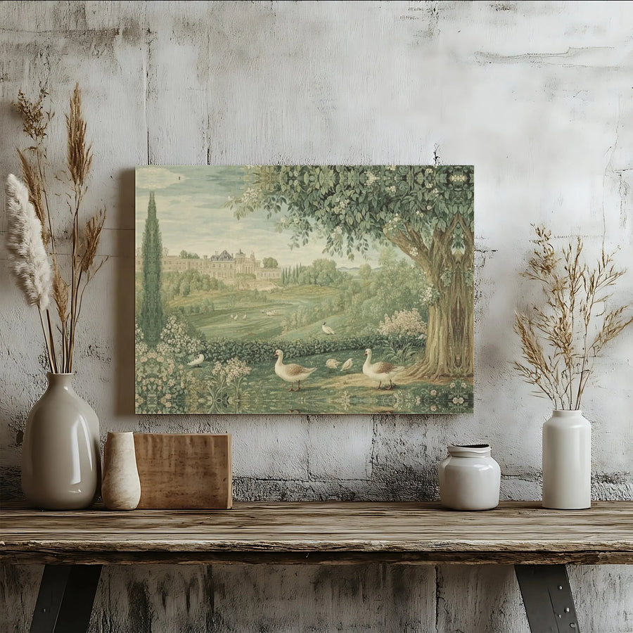 Vintage Landscape Canvas Print | European Chateau with Geese Art | Premium Gallery Wrapped 1.25" Profile | Classical Home Decor Gift