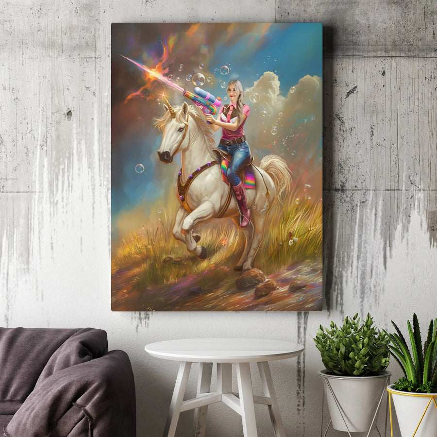 Fantasy Cowgirl Unicorn Wall Art | Woman Riding Unicorn with Water Gun | Premium Gallery Wrapped Canvas | Surreal Home Decor Gift for Her