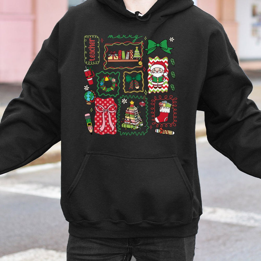 Teacher Christmas Hoodie | Cute Holiday Book Stack & Santa Graphic | Premium Cotton Blend | Merry Teacher Gift for Educator