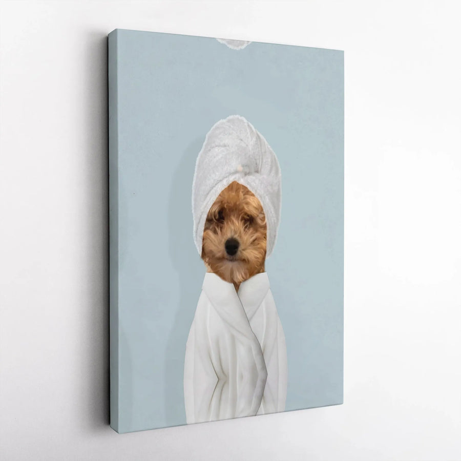 Dog in Spa Robe Wall Art | Funny Puppy Portrait in Bathrobe | Premium Gallery Wrapped Canvas | Whimsical Bathroom Decor Gift for Dog Lovers