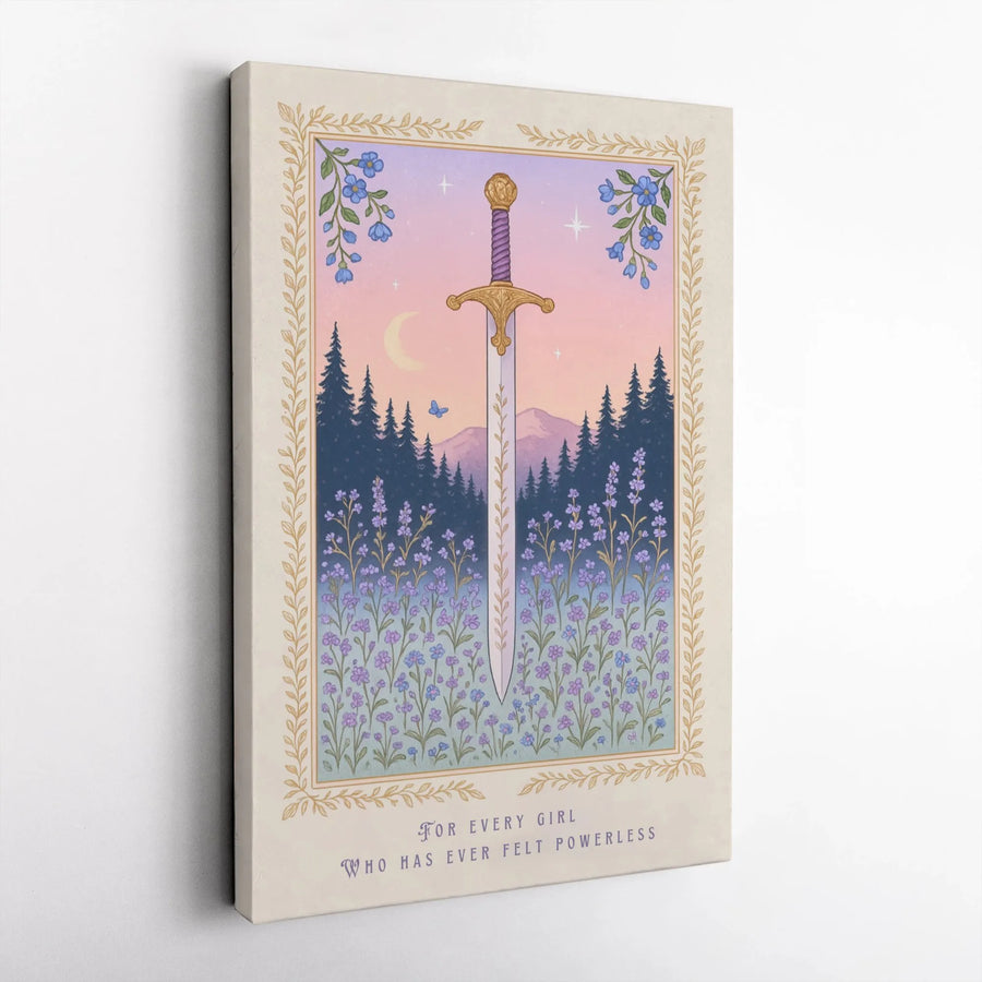 Empowerment Wall Art | Sword in Wildflower Field Illustration | Premium Gallery Wrapped Canvas | Inspirational Gift for Women and Girls